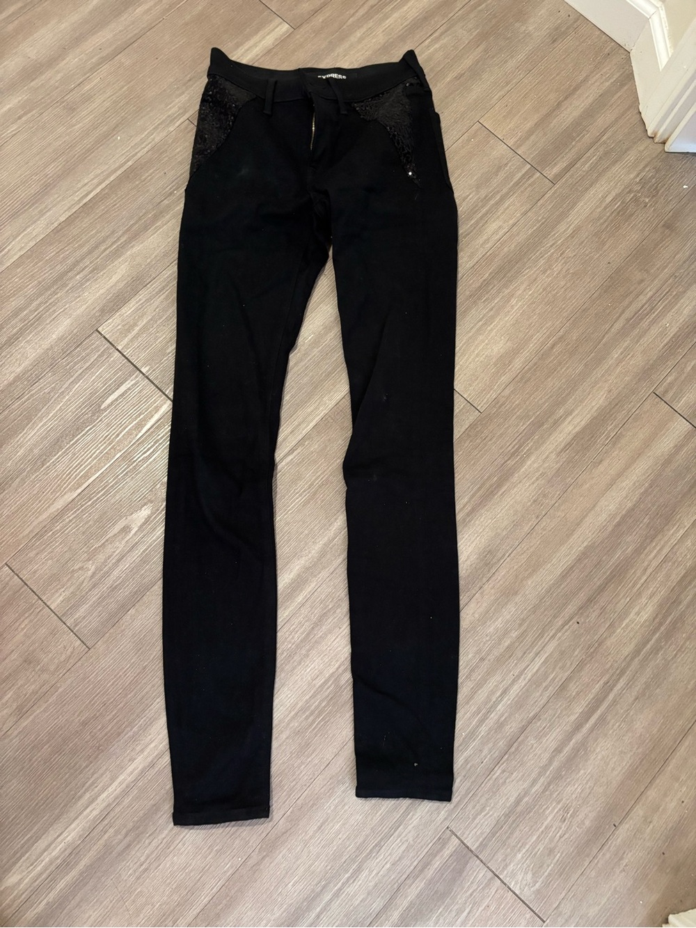 00L Express Black Skinny Pants with Sequin Pocket Trim